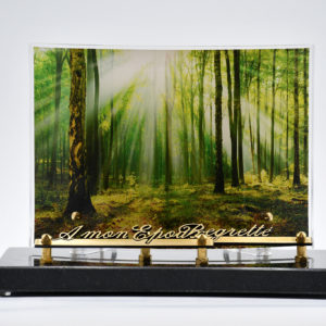 Pompes Funèbres Grosso : plaque funéraire galbe avec une photo de forêt