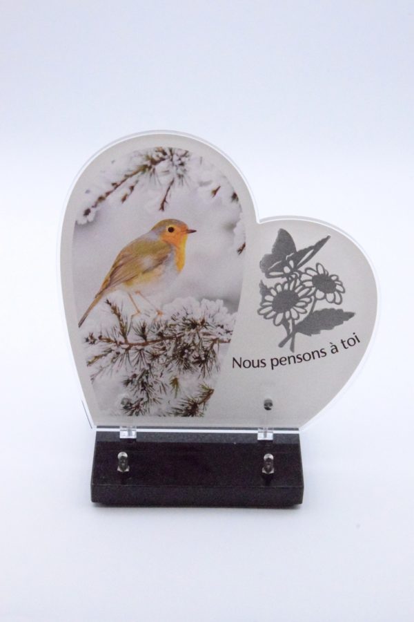 Pompes Funèbres Grosso : Plaque altu coeur sur socle oiseau marguerite inox
