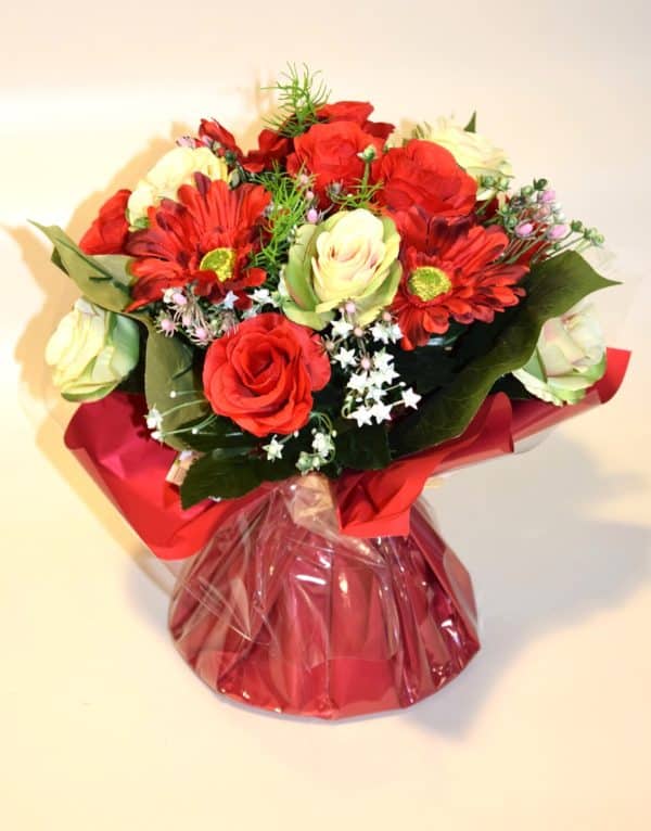 Pompes Funèbres Grosso : Bouquet bulle roses gerberars rouge (K)