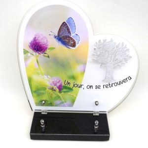 Pompes Funèbres Grosso : Plaque altu coeur sur socle motif papillon inox arbre