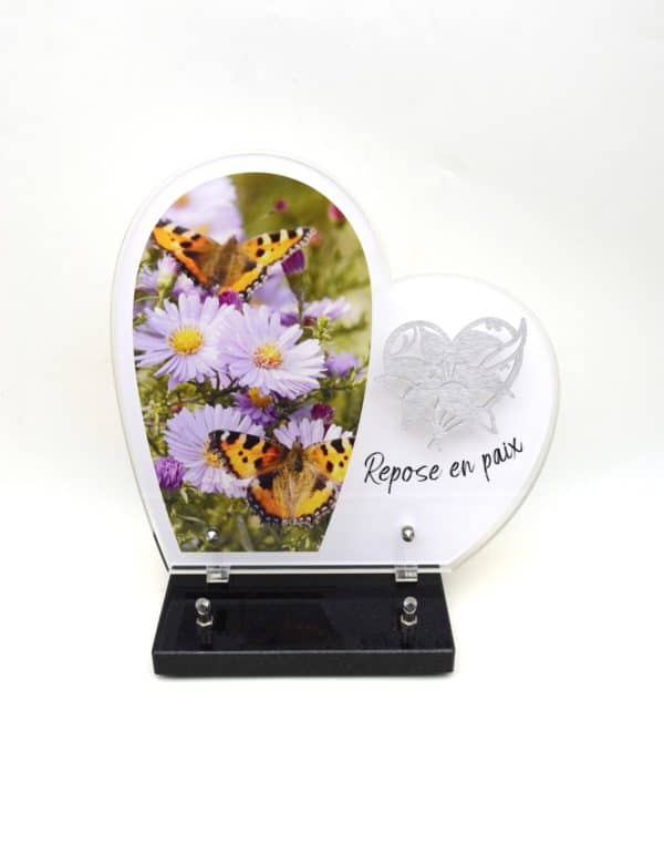 Pompes Funèbres Grosso : Plaque altu coeur sur socle motif papillon inox lys