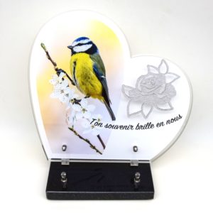 Pompes Funèbres Grosso : Plaque altu coeur sur socle oiseau rose inox