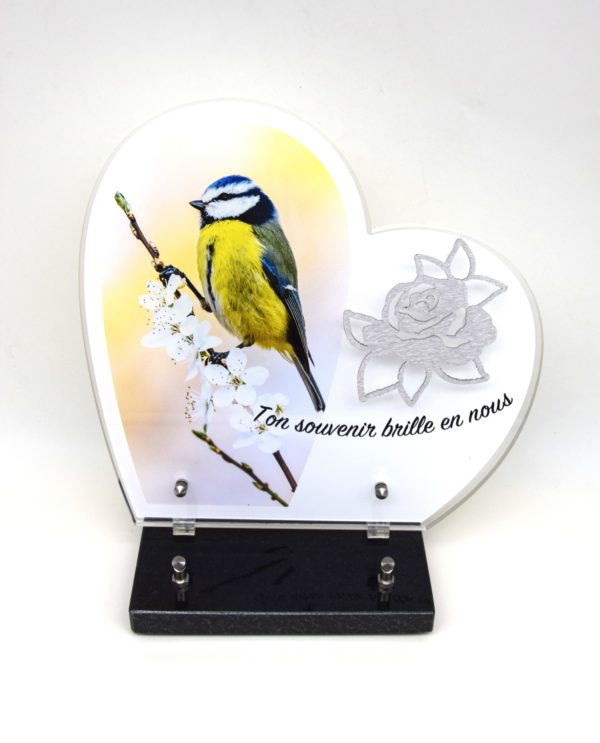 Pompes Funèbres Grosso : Plaque altu coeur sur socle oiseau rose inox