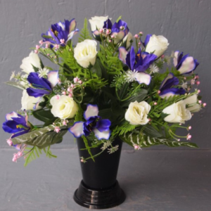 Pompes Funèbres Grosso : Cone rond iris roses bleu blanc