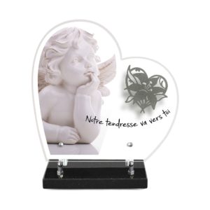 Pompes Funèbres Grosso : Plaque altu coeur sur socle motif ange inox lys 28x27cm