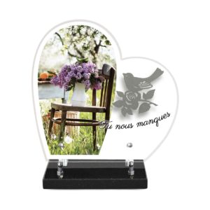 Pompes Funèbres Grosso : Plaque altu coeur sur socle motif fleurs inox oiseau 28x27cm