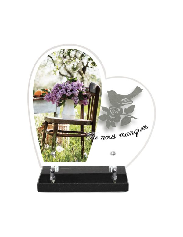 Pompes Funèbres Grosso : Plaque altu coeur sur socle motif fleurs inox oiseau 28x27cm