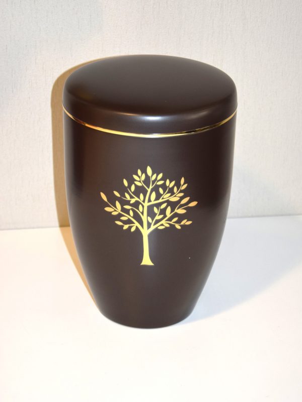 Pompes funèbres Grosso : Urne alu brune arbre filet or Ø18 x H25