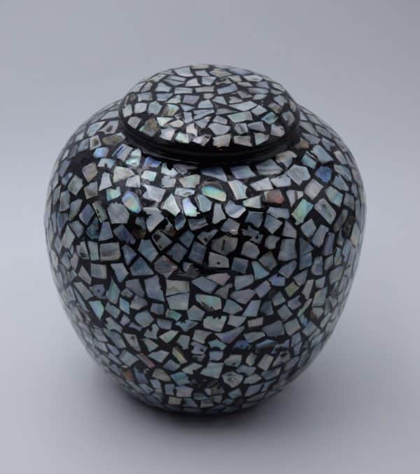 Pompes Funèbres Grosso : Urne céramique décor nacre bleuté Ø21 x H21