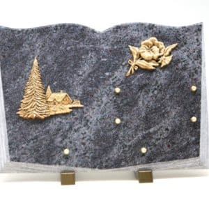 Pompes Funèbres Grosso : Plaque granit MB maison sapins livre fleurs