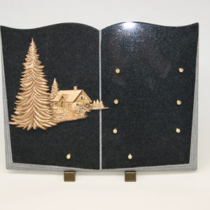 Pompes Funèbres Grosso : Plaque granit livre maison sapin noir