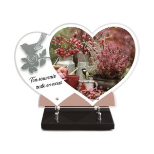 Pompes Funèbres Grosso : Plaque imprimée double coeur 27x40 inox oiseau
