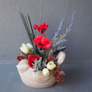 Pompes Funèbres Grosso : Oiseau figurine ciment pot coquelicot rouge